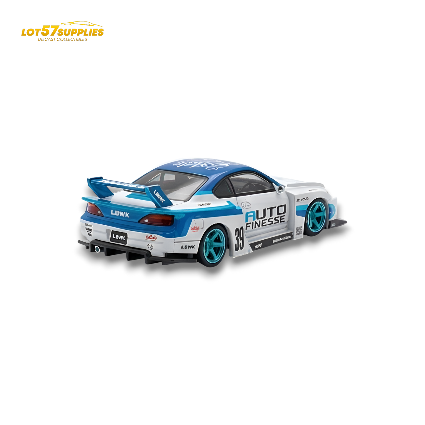 Nissan TPC Silvia S15 LBWK blue and white diecast model car, 1:64 scale, detailed miniature from Lot57Supplies Diecast Shop