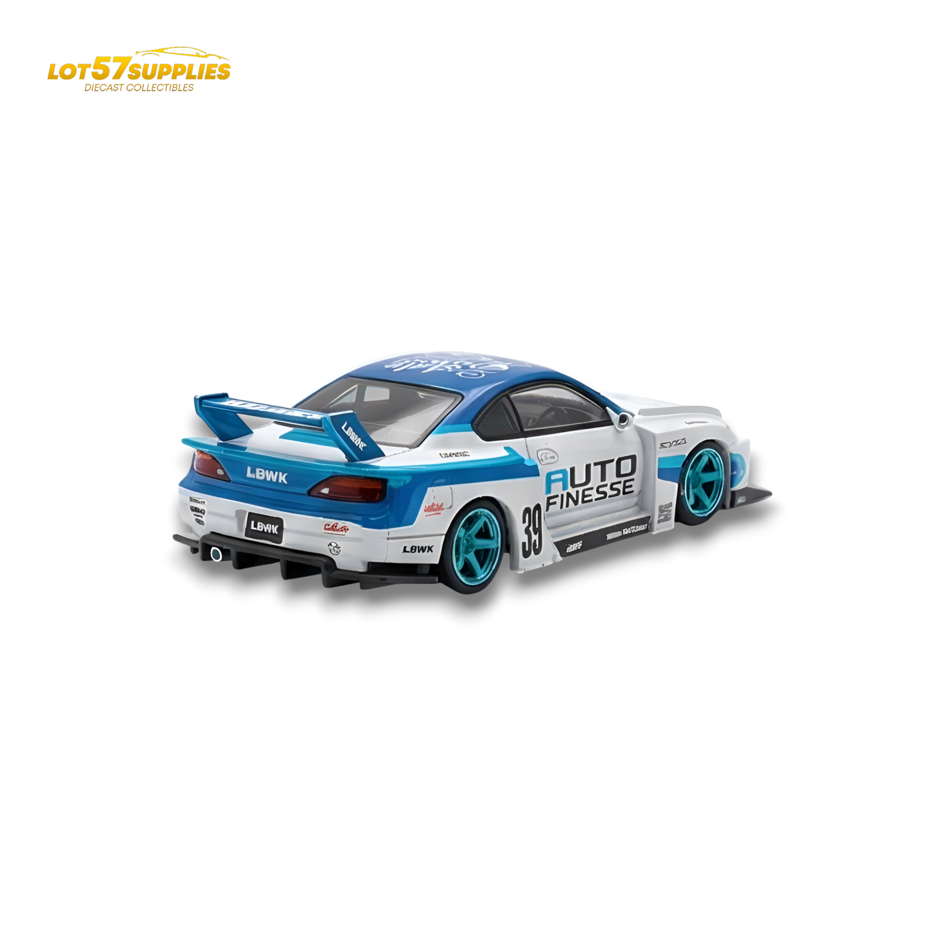 Nissan TPC Silvia S15 LBWK blue and white diecast model car, 1:64 scale, detailed miniature from Lot57Supplies Diecast Shop