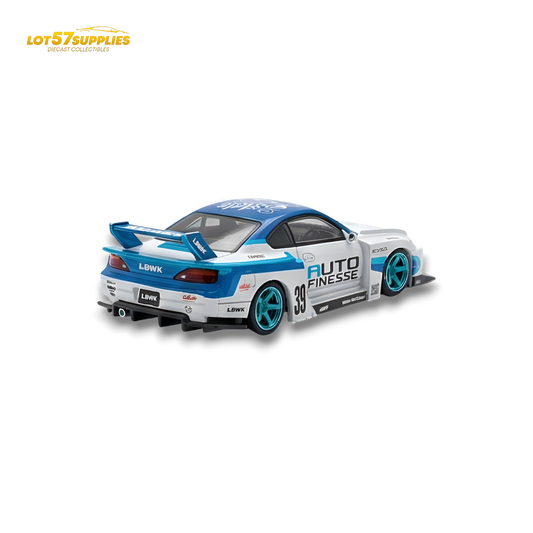 Nissan TPC Silvia S15 LBWK blue and white diecast model car, 1:64 scale, detailed miniature from Lot57Supplies Diecast Shop