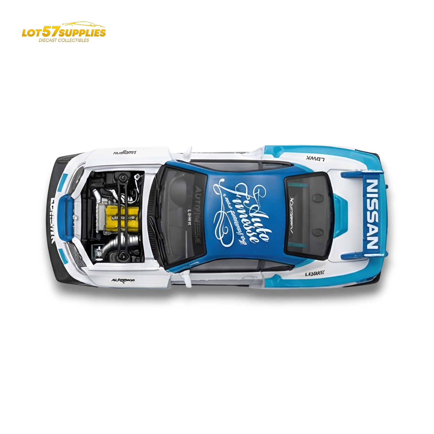 Nissan TPC Silvia S15 LBWK diecast model in blue and white, 1:64 scale, with detailed paint and design.