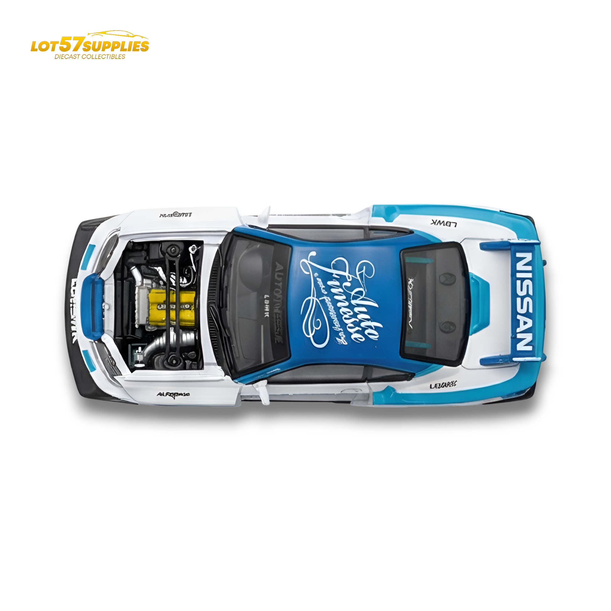Nissan TPC Silvia S15 LBWK diecast model in blue and white, 1:64 scale, with detailed paint and design.