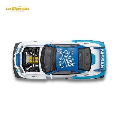 Nissan TPC Silvia S15 LBWK diecast model in blue and white, 1:64 scale, with detailed paint and design.