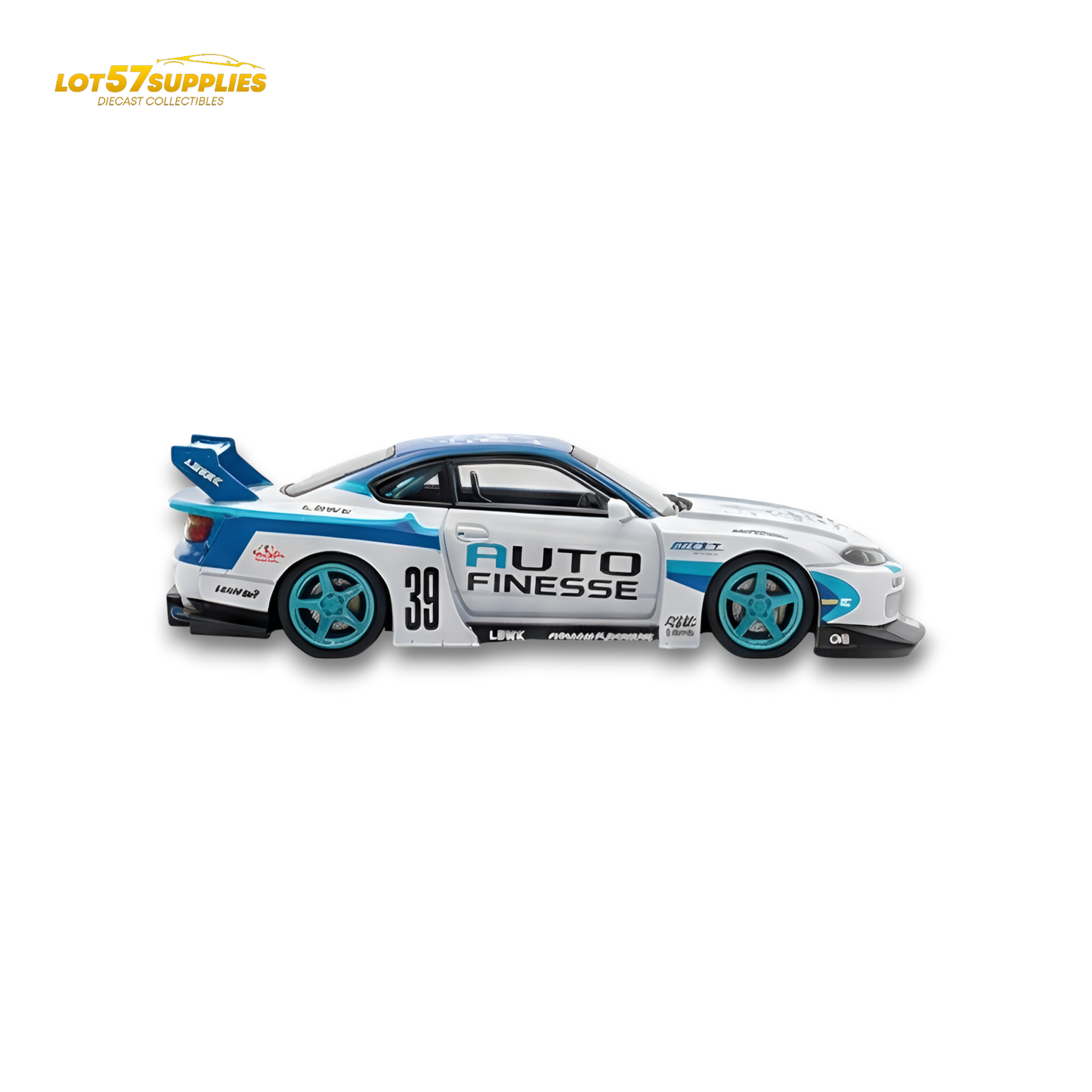 Nissan TPC Silvia S15 LBWK diecast model in blue and white, 1:64 scale, detailed collectible car by Lot57Supplies Diecast Shop
