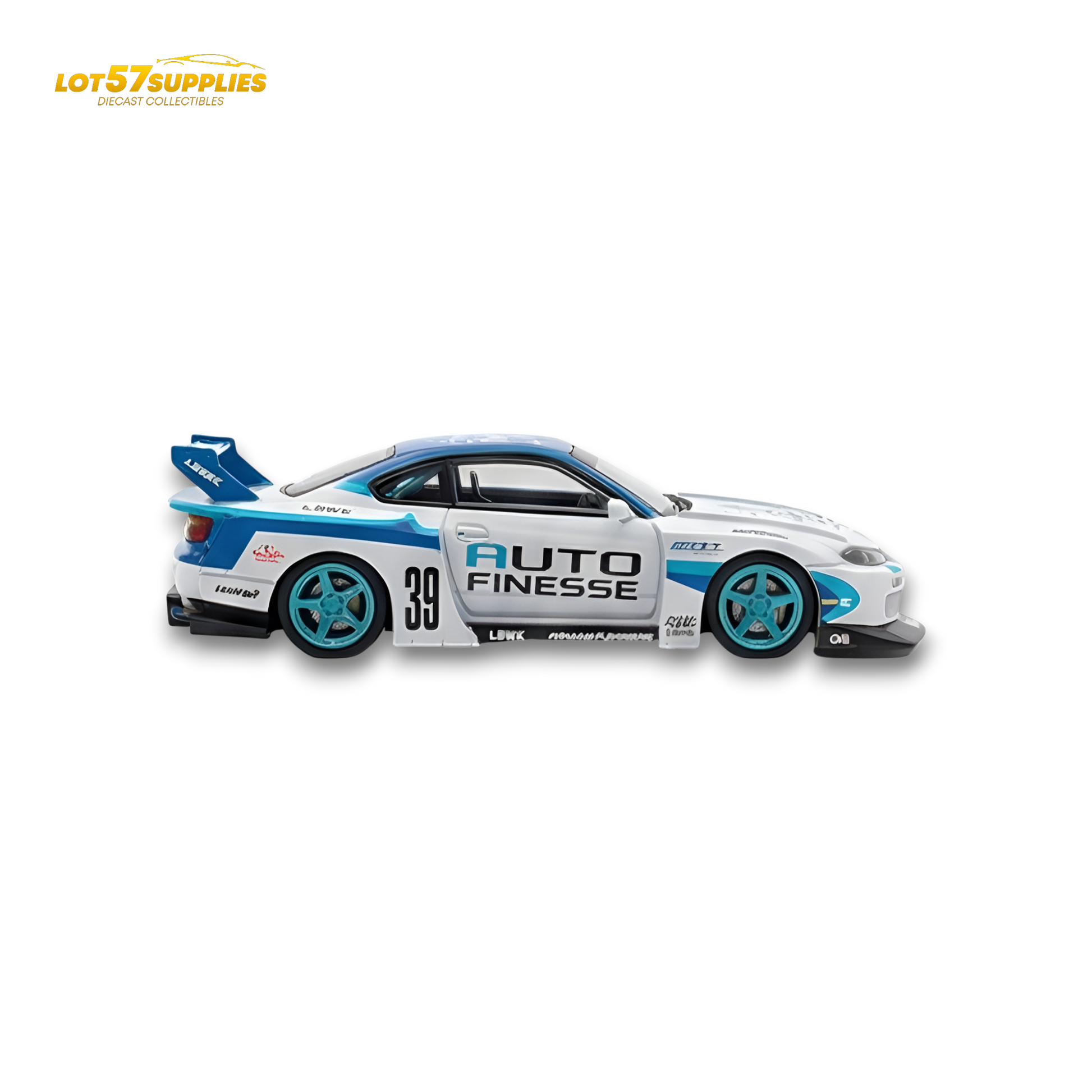 Nissan TPC Silvia S15 LBWK diecast model in blue and white, 1:64 scale, detailed collectible car by Lot57Supplies Diecast Shop