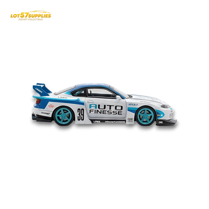 Nissan TPC Silvia S15 LBWK diecast model in blue and white, 1:64 scale, detailed collectible car by Lot57Supplies Diecast Shop