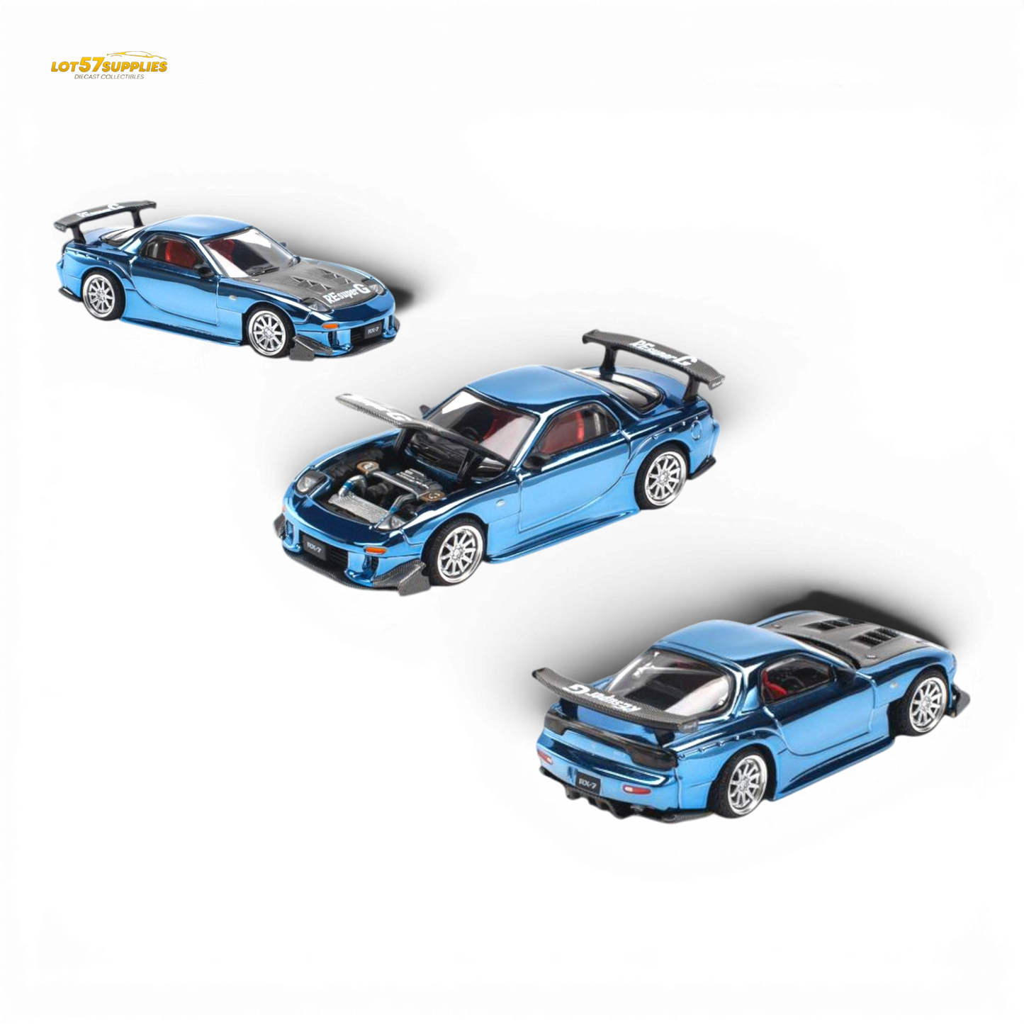 Blue chrome Mazda RX-7 diecast model by Pop Race, 1:64 scale, showcasing detailed design and vibrant finish.