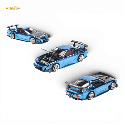 Blue chrome Mazda RX-7 diecast model by Pop Race, 1:64 scale, showcasing detailed design and vibrant finish.