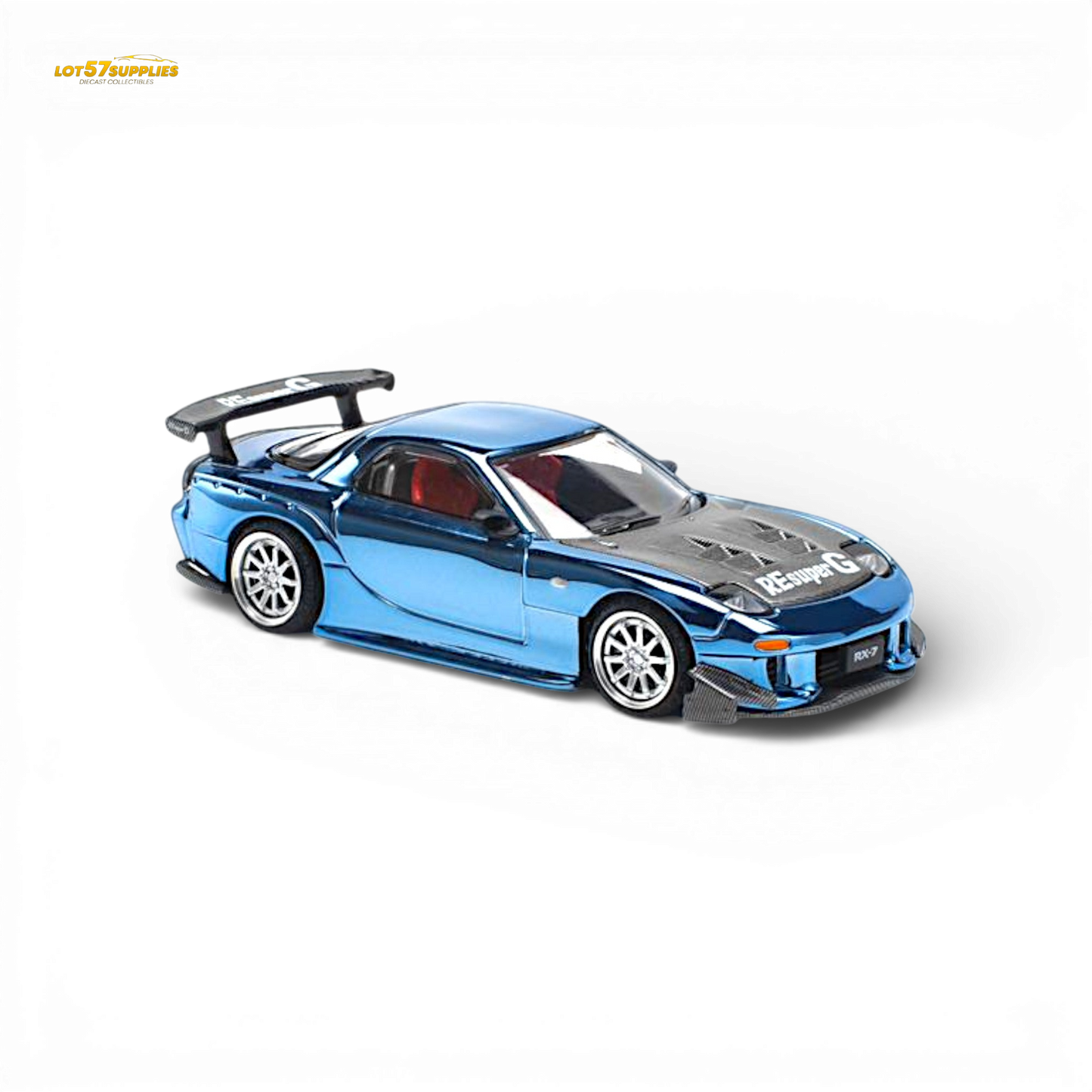 Blue chrome Mazda RX-7 diecast model by Lot57Supplies, detailed 1:64 scale Pop Race Re-Amemiya car image.