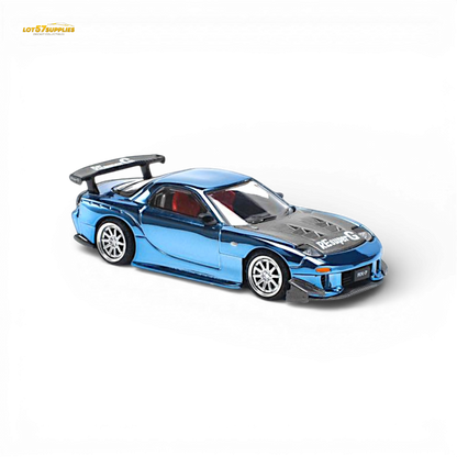 Blue chrome Mazda RX-7 diecast model by Lot57Supplies, detailed 1:64 scale Pop Race Re-Amemiya car image.