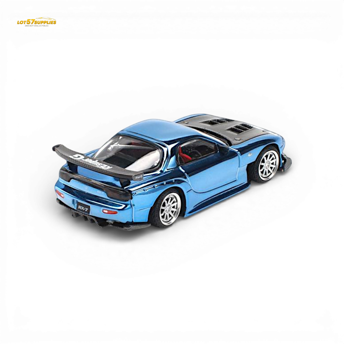 Blue chrome Mazda RX-7 Re-Amemiya diecast car in 1:64 scale, featuring detailed design and vibrant finish.