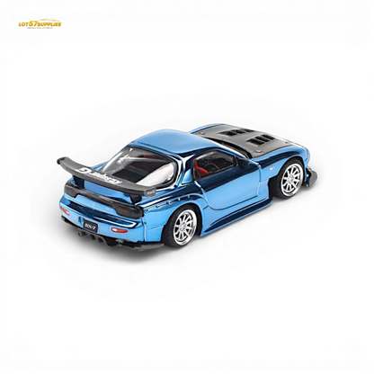Blue chrome Mazda RX-7 Re-Amemiya diecast car in 1:64 scale, featuring detailed design and vibrant finish.