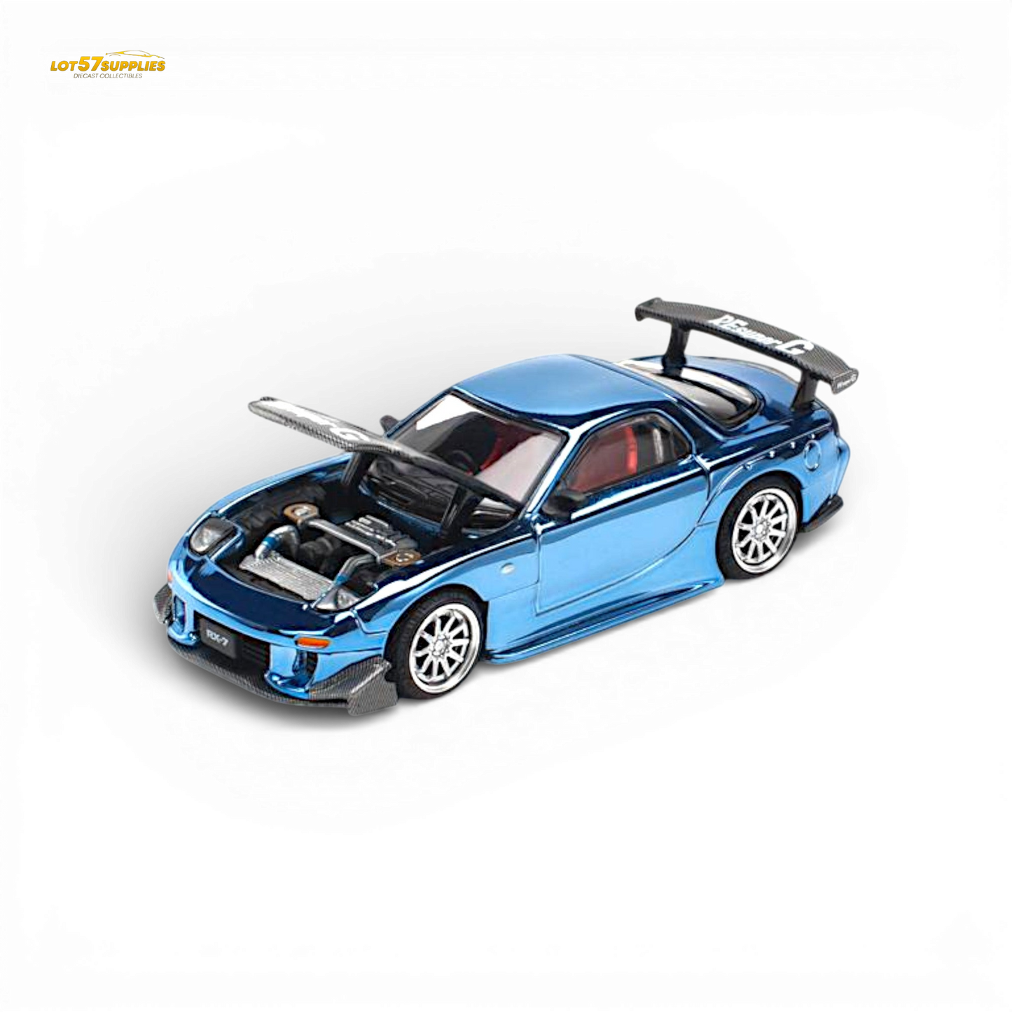 Blue chrome Mazda RX-7 Re-Amemiya diecast model in 1:64 scale, showcasing detailed design and vibrant finish.