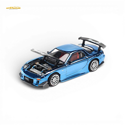 Blue chrome Mazda RX-7 Re-Amemiya diecast model in 1:64 scale, showcasing detailed design and vibrant finish.