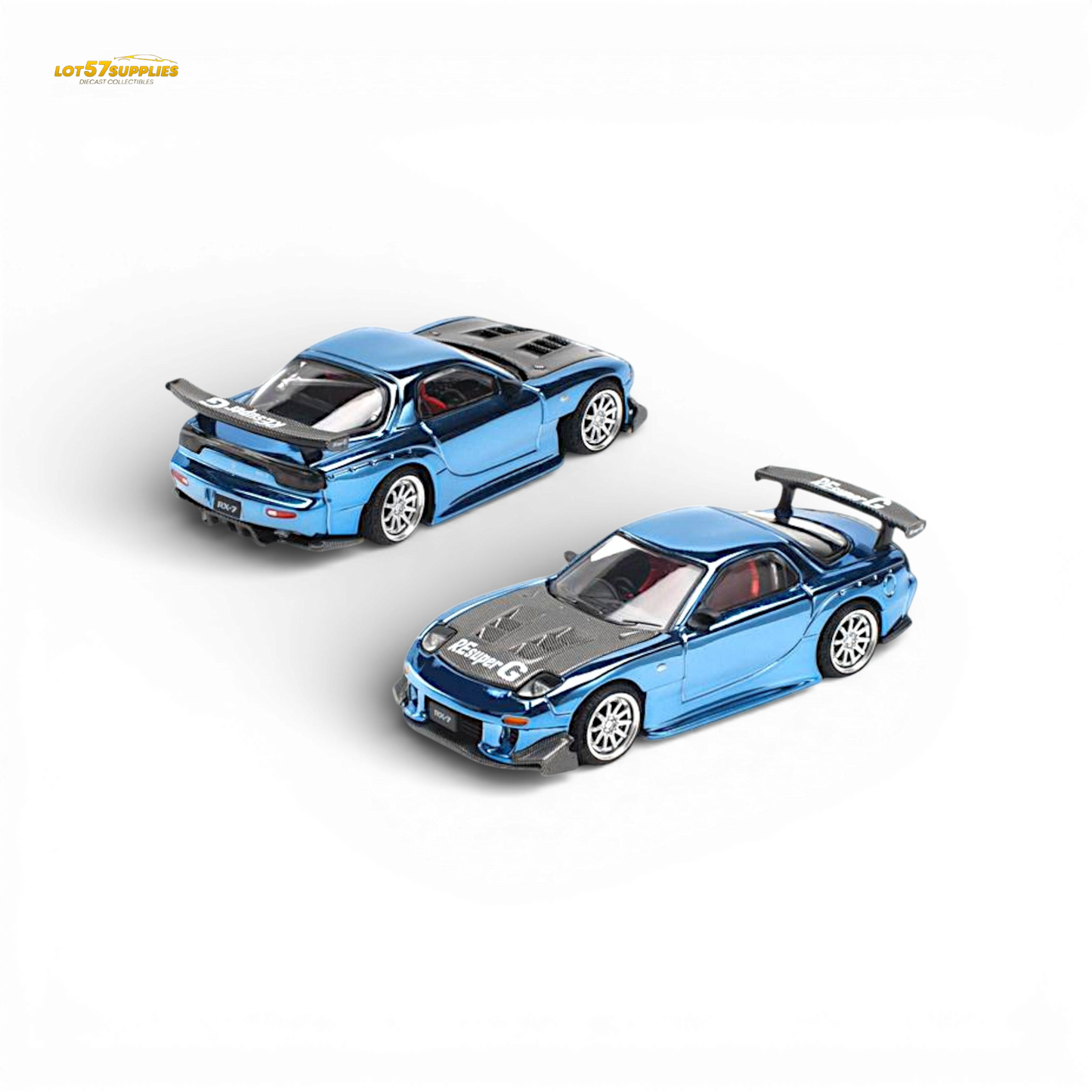 Blue chrome Mazda RX-7 diecast model by Lot57Supplies, detailed 1:64 scale replica of the Re-Amemiya racing car.