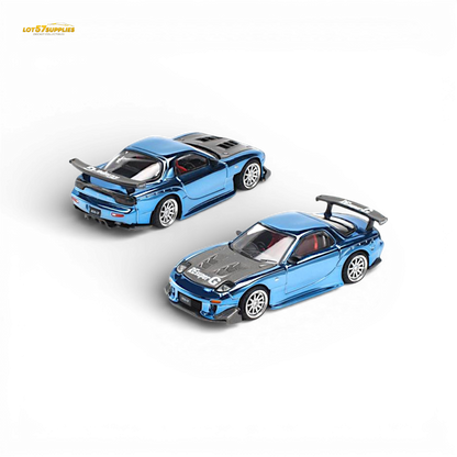 Blue chrome Mazda RX-7 diecast model by Lot57Supplies, detailed 1:64 scale replica of the Re-Amemiya racing car.