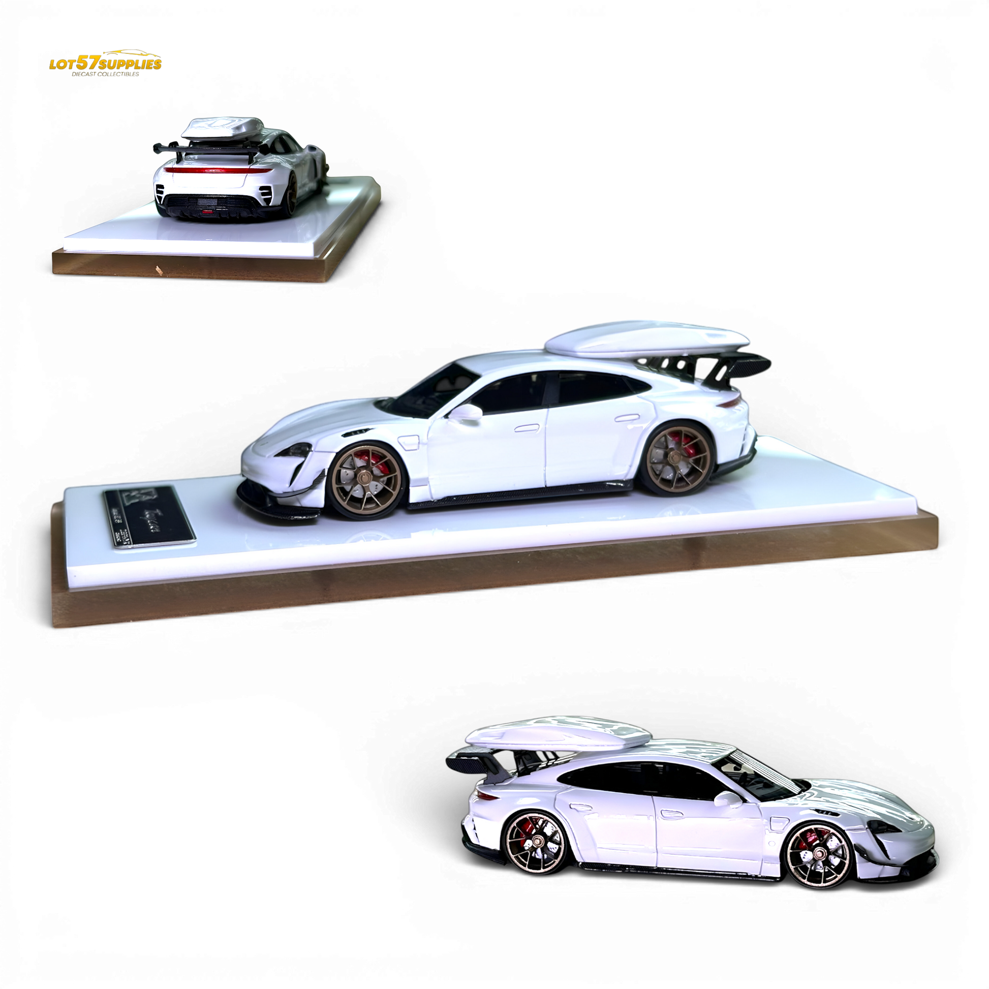 White Porsche Taycan 1:64 scale diecast model with roof box, detailed miniature vehicle from Lot57Supplies Diecast Shop.