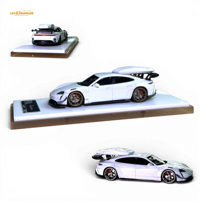 White Porsche Taycan 1:64 scale diecast model with roof box, detailed miniature vehicle from Lot57Supplies Diecast Shop.
