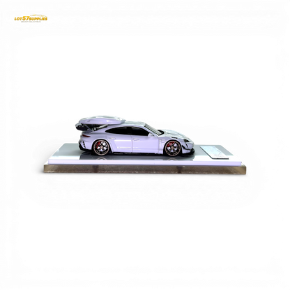 White Porsche Taycan diecast model with roof box, 1:64 scale, detailed miniature car by Lot57Supplies Diecast Shop.