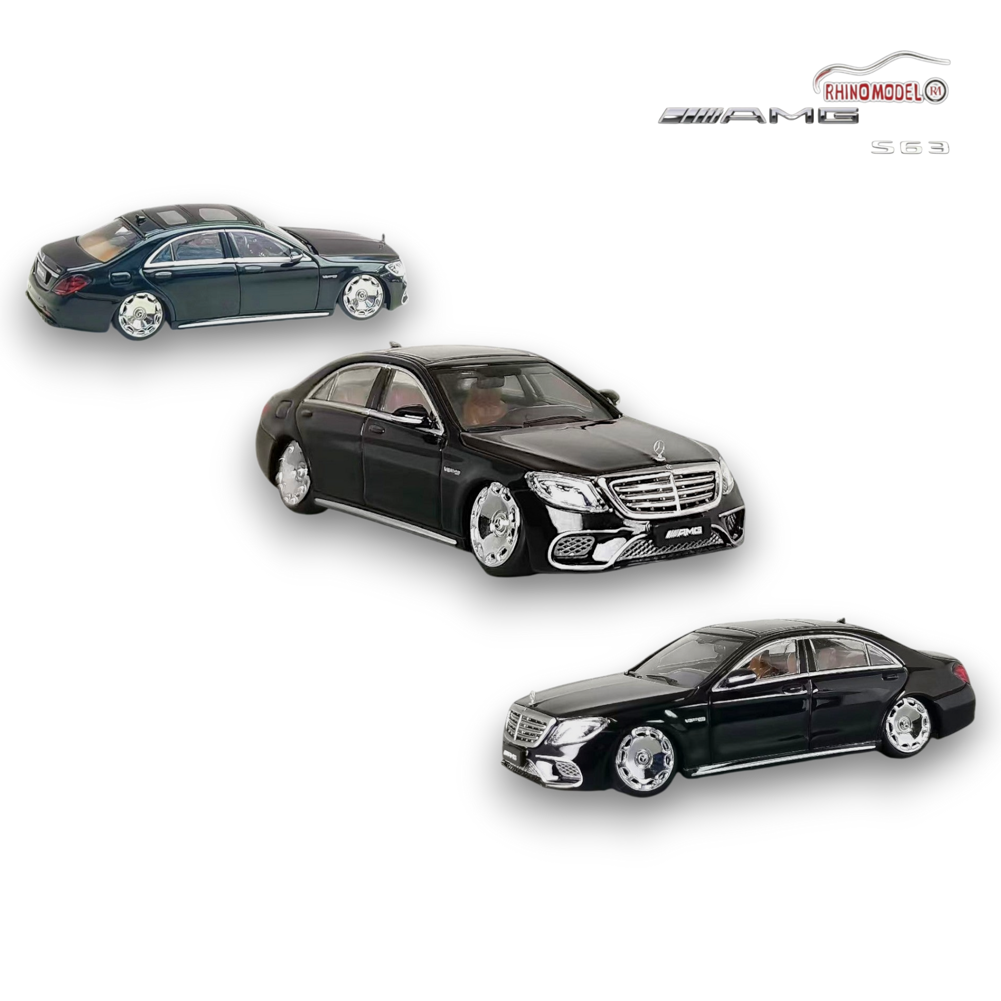 Black Mercedes-Benz AMG S63 W222 diecast model car with bagged wheels in 1:64 scale, detailed miniature by Lot57Supplies.