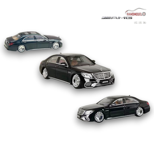Black Mercedes-Benz AMG S63 W222 diecast model car with bagged wheels in 1:64 scale, detailed miniature by Lot57Supplies.