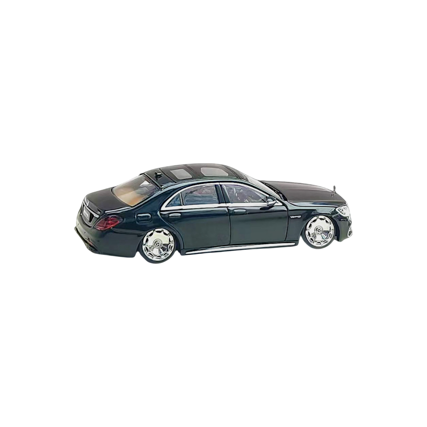 Black Mercedes-Benz AMG S63 W222 diecast model car with bagged wheels, detailed replica in 1:64 scale by Lot57Supplies.