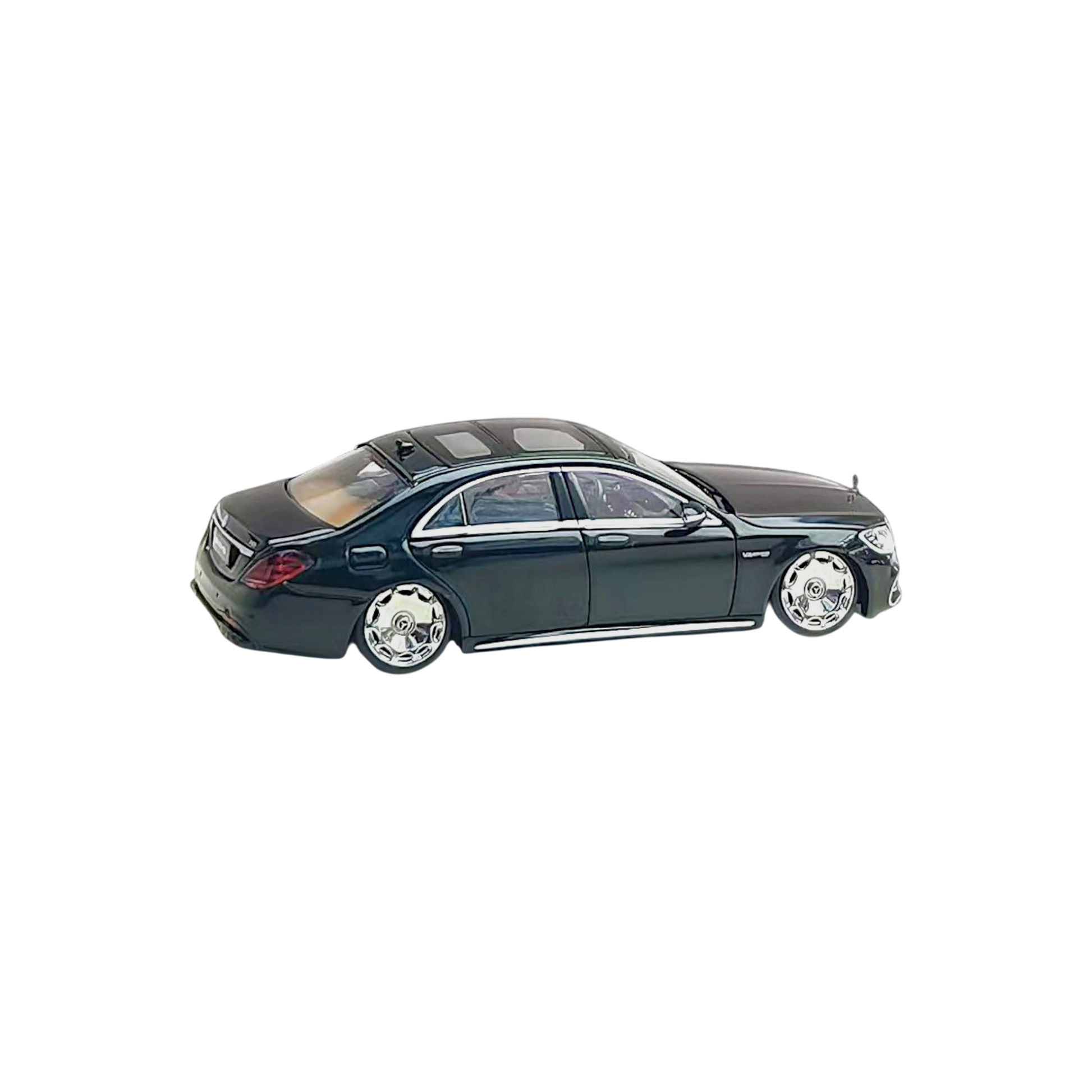 Black Mercedes-Benz AMG S63 W222 diecast model car with bagged wheels, detailed replica in 1:64 scale by Lot57Supplies.
