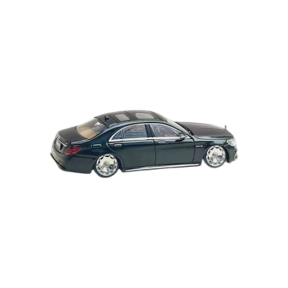 Black Mercedes-Benz AMG S63 W222 diecast model car with bagged wheels, detailed replica in 1:64 scale by Lot57Supplies.