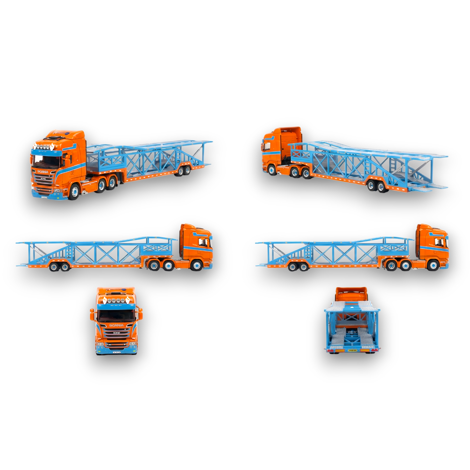 Blue and orange Flame Scania diecast car carrier truck in 1:64 scale by Lot57Supplies Diecast Shop.