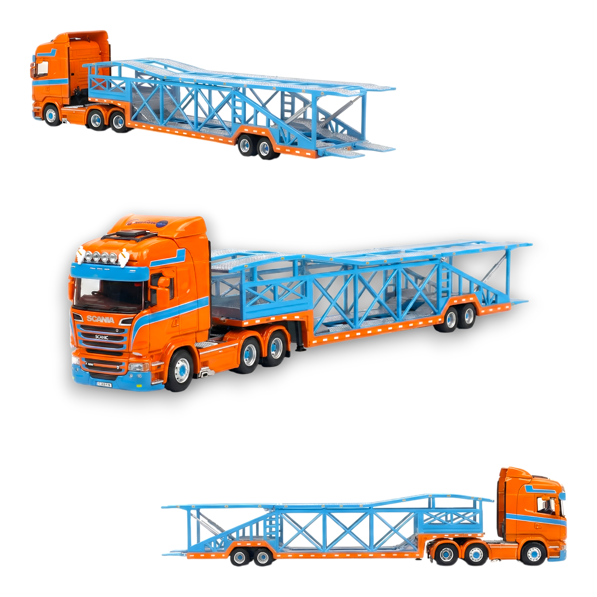Blue and orange Scania Flame Car Carrier diecast truck in 1:64 scale, detailed model by Lot57Supplies Diecast Shop
