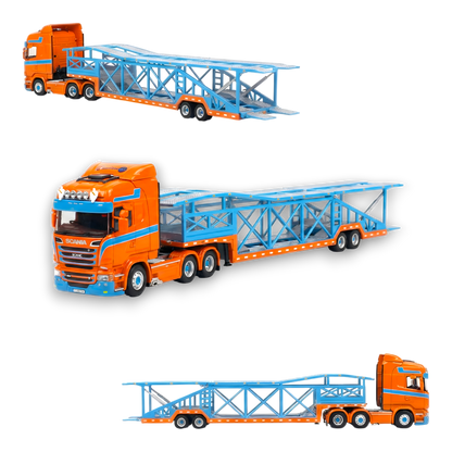 Blue and orange Scania Flame Car Carrier diecast truck in 1:64 scale, detailed model by Lot57Supplies Diecast Shop