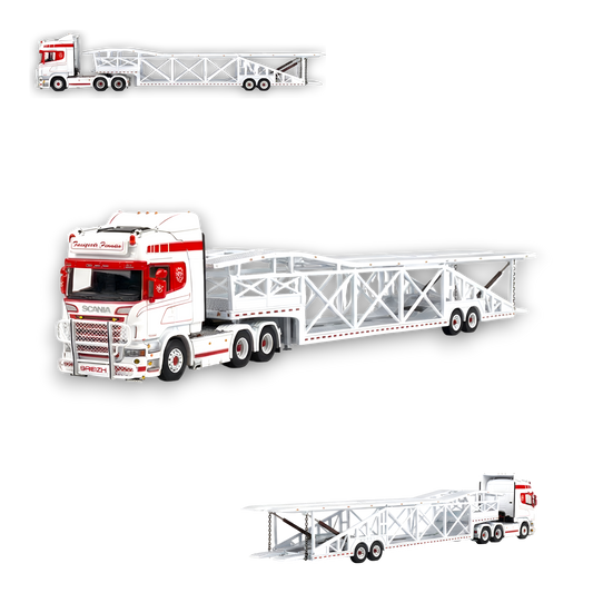 Flame Scania Car Carrier Transport Truck Red White 1:64 - Limited to 299 Pcs - Evergreen Kings