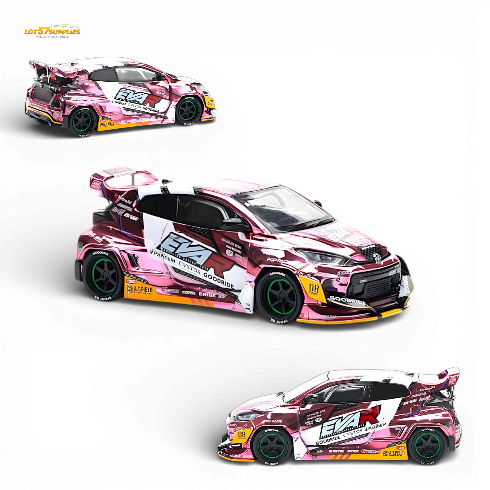 Pink Toyota GR YARIS diecast model by Lot57Supplies, 1:64 scale, detailed replica with vibrant paint and realistic features.