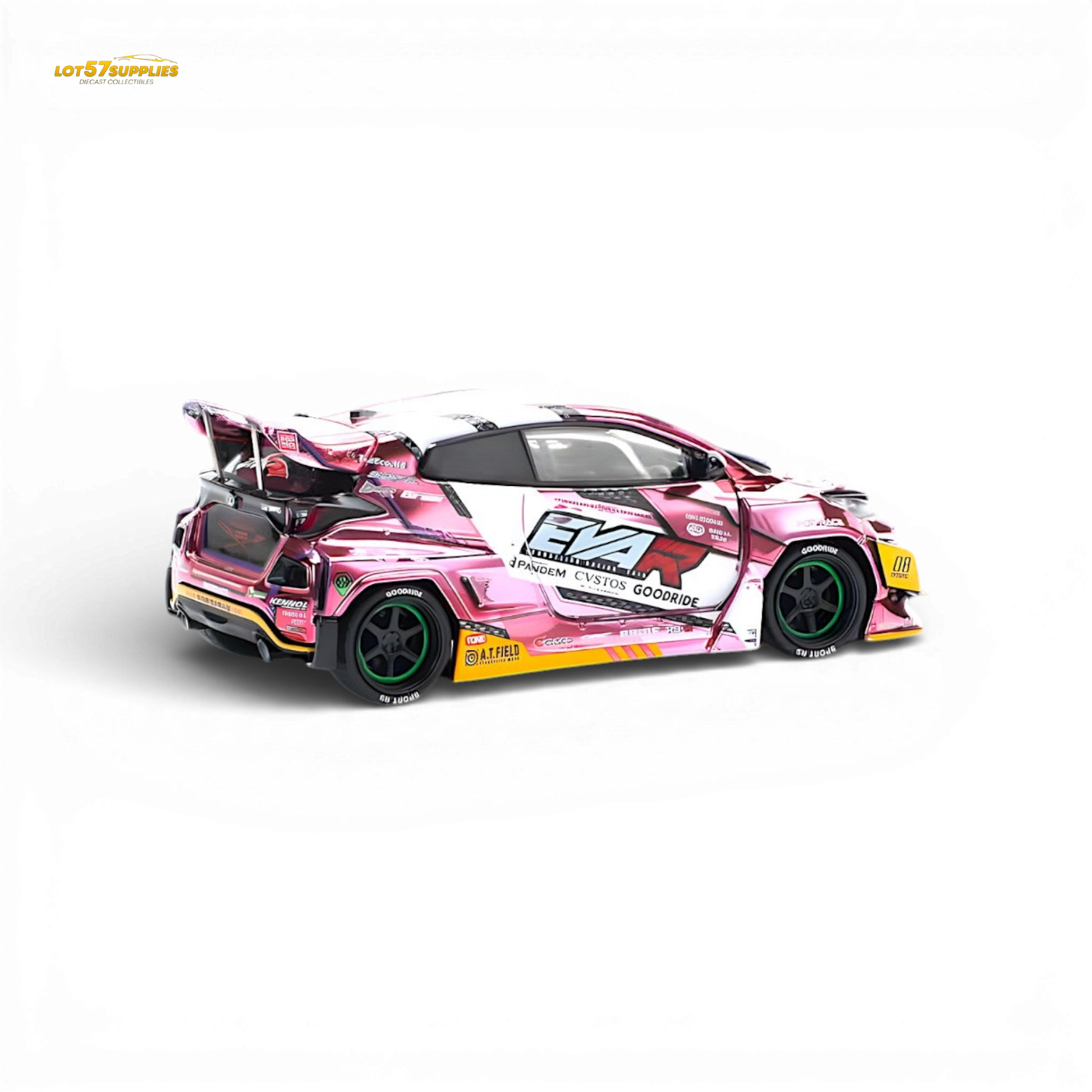 Pink EVA RT PopRace Toyota GR Yaris diecast model in 1:64 scale, detailed collectible from Lot57Supplies Diecast Shop.