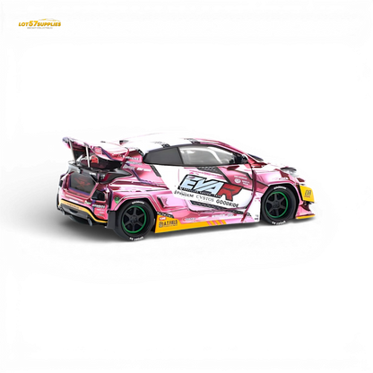 Pink EVA RT PopRace Toyota GR Yaris diecast model in 1:64 scale, detailed collectible from Lot57Supplies Diecast Shop.