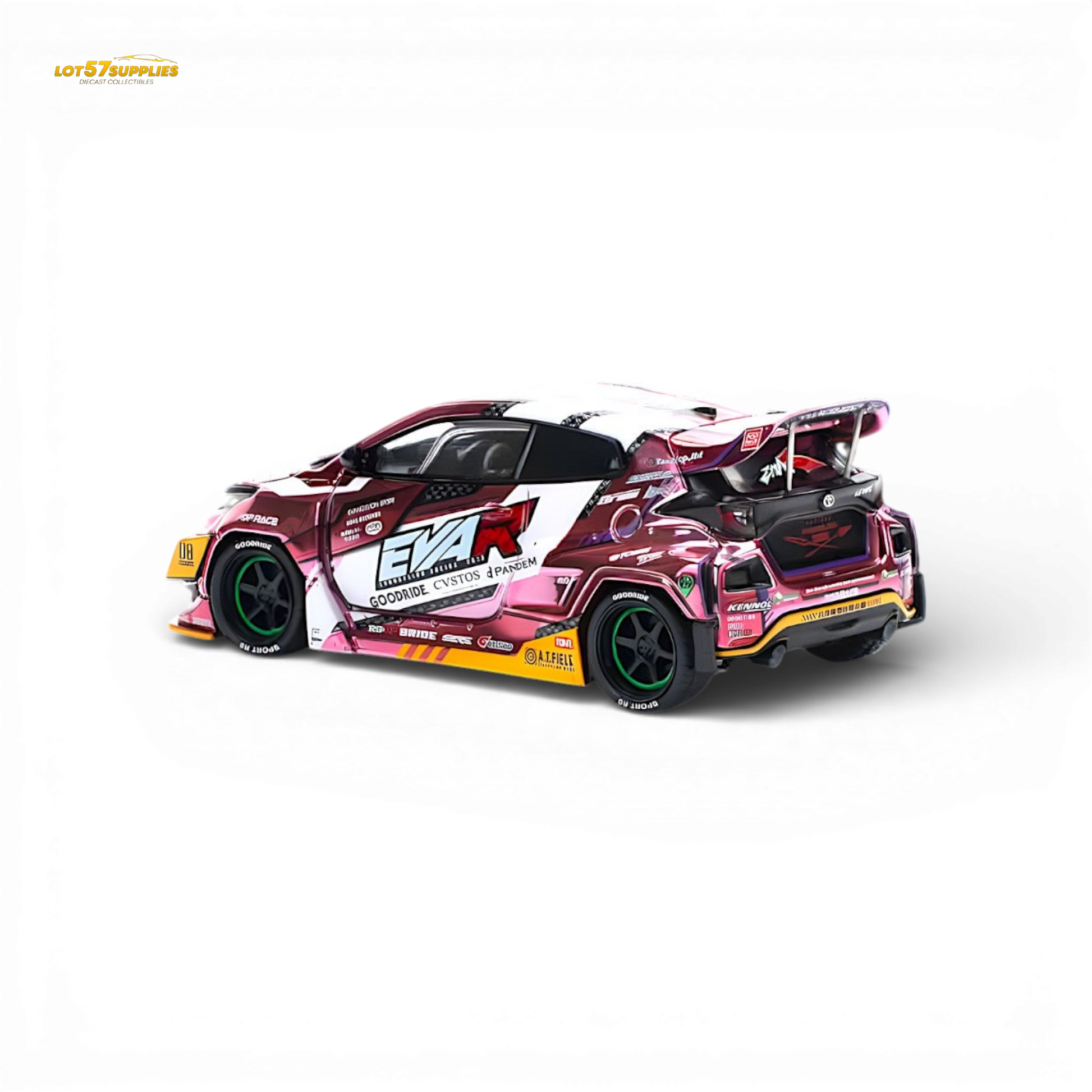 Pink PopRace Toyota GR YARIS diecast model in 1:64 scale, detailed replica from Lot57Supplies Diecast Shop