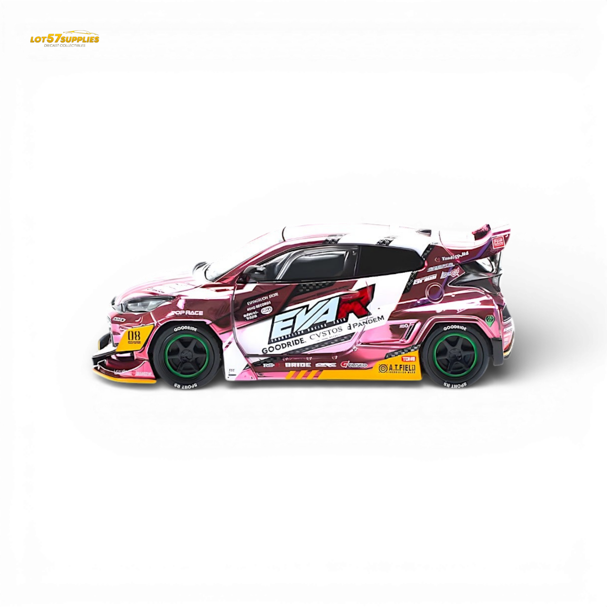 Pink Toyota GR Yaris diecast model by Lot57Supplies, 1:64 scale, detailed pop race replica with vivid pink finish.