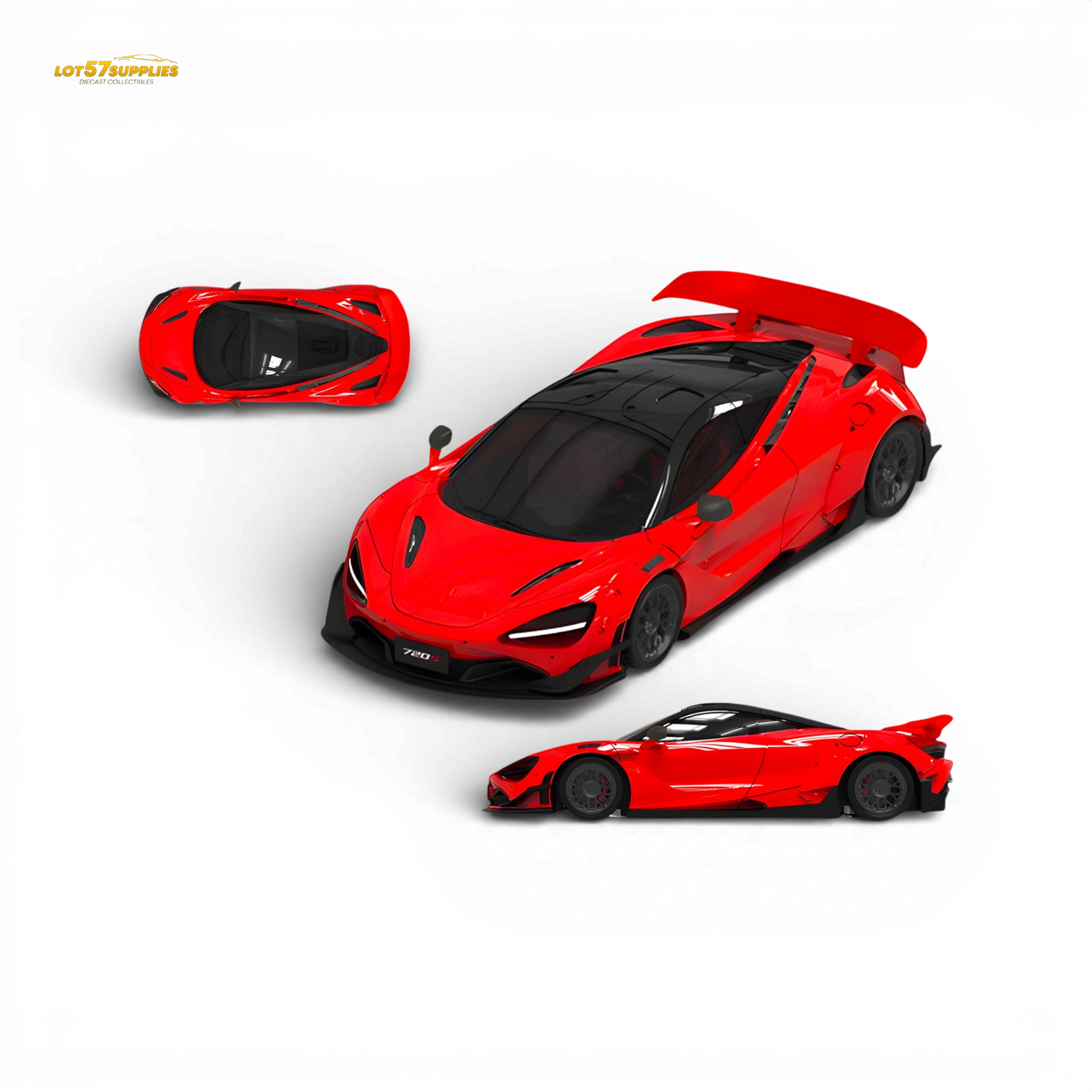 Red McLaren 720S diecast model by SUPCAR, 1:64 scale, detailed miniature car for collectors and enthusiasts.