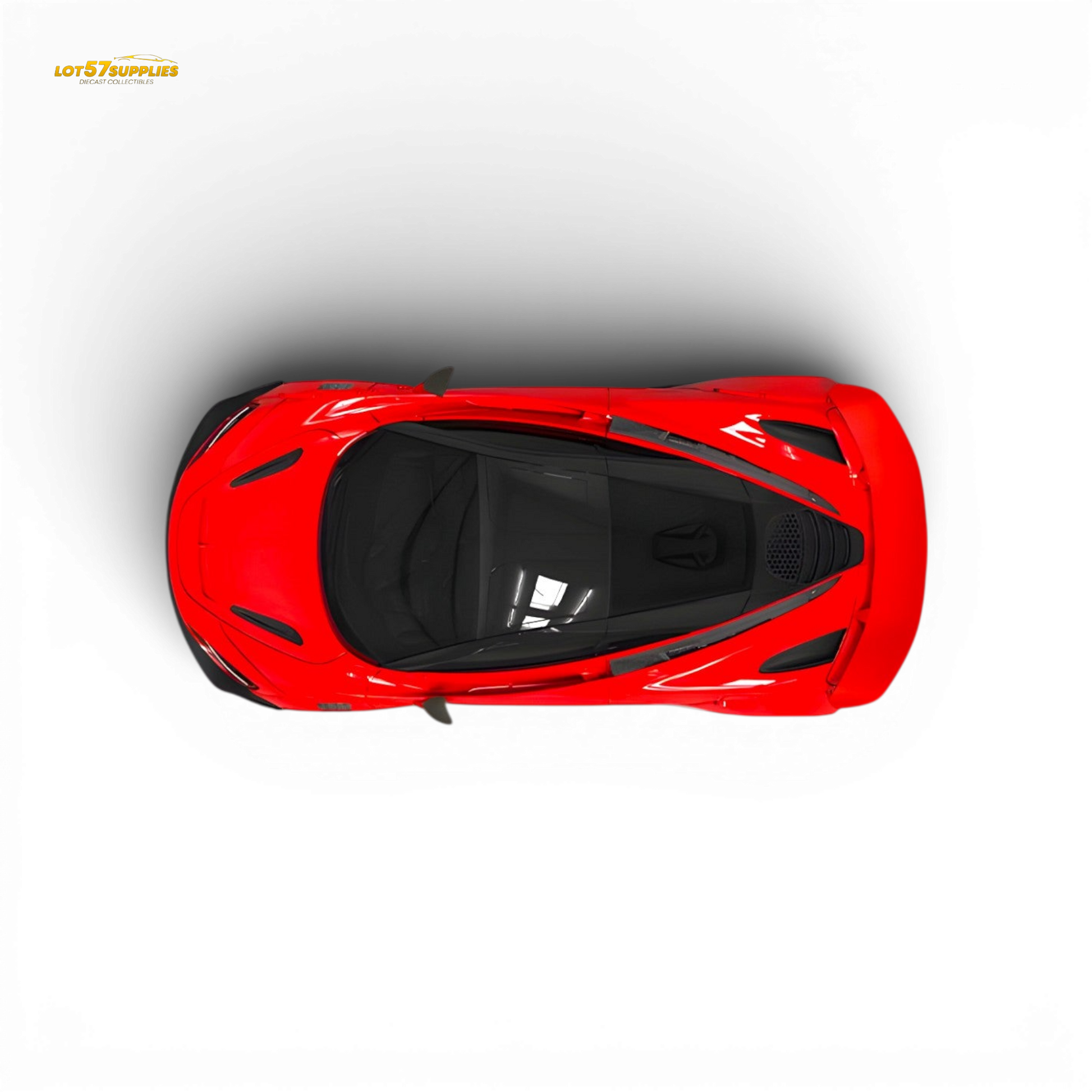 Red McLaren 720S diecast model by SUPCAR, 1:64 scale, detailed miniature car with sleek design and vibrant color.