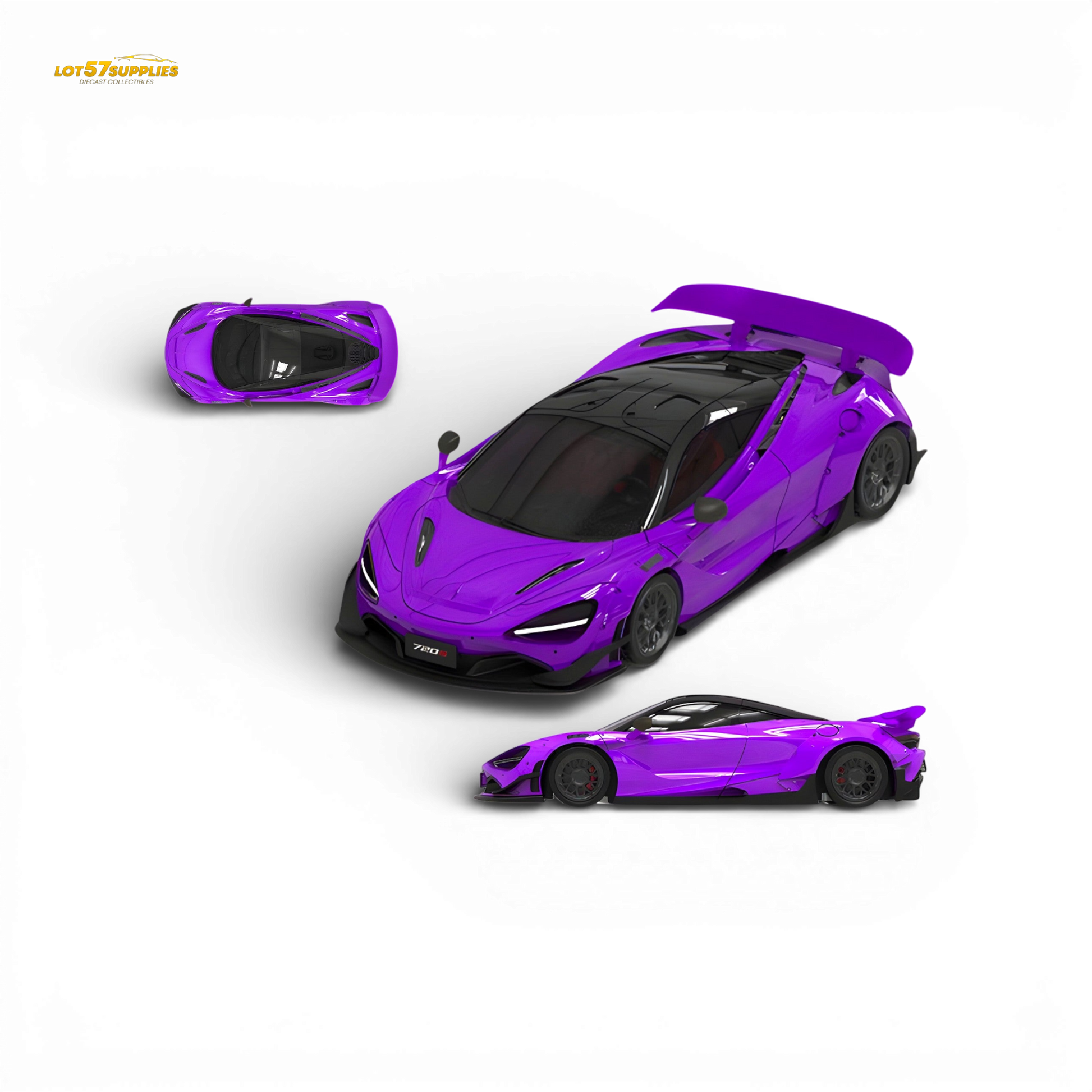 Purple McLaren 720S diecast car model in 1:64 scale, detailed replica from Lot57Supplies Diecast Shop.