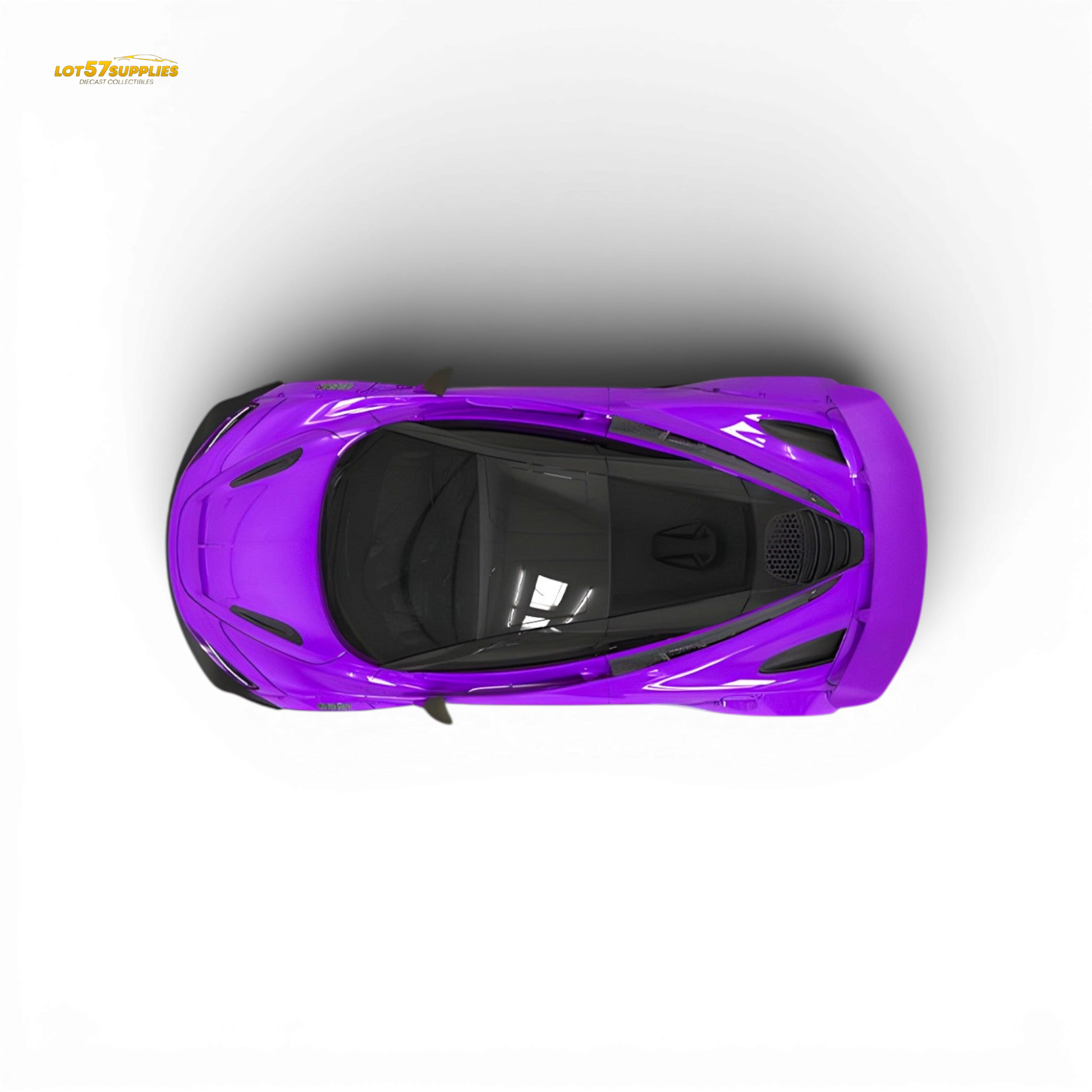 Purple McLaren 720S diecast model by SUPCAR in 1:64 scale, detailed miniature car on white background.