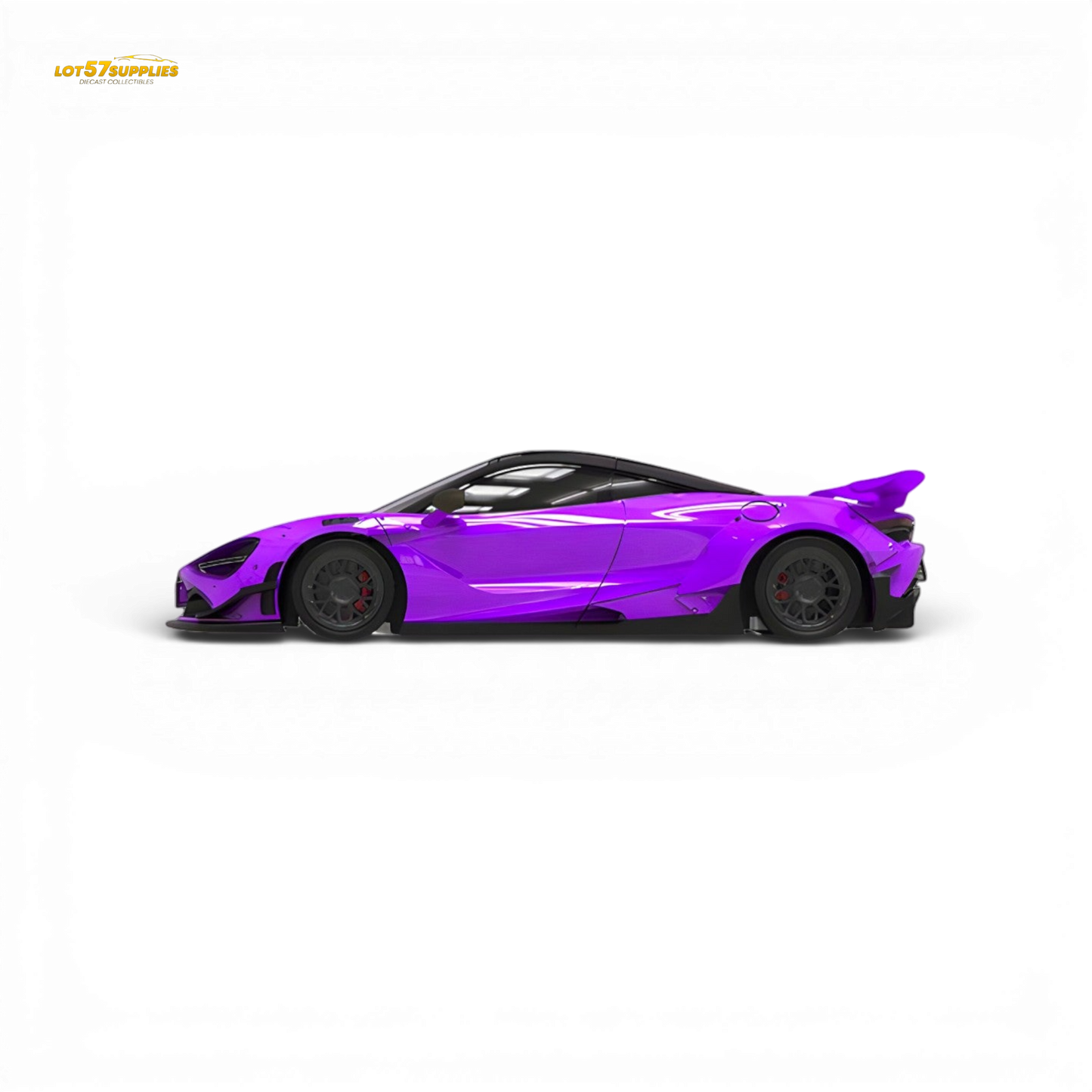 Purple McLaren 720S diecast model car in 1:64 scale by SUPCAR, detailed miniature sports car with sleek design.