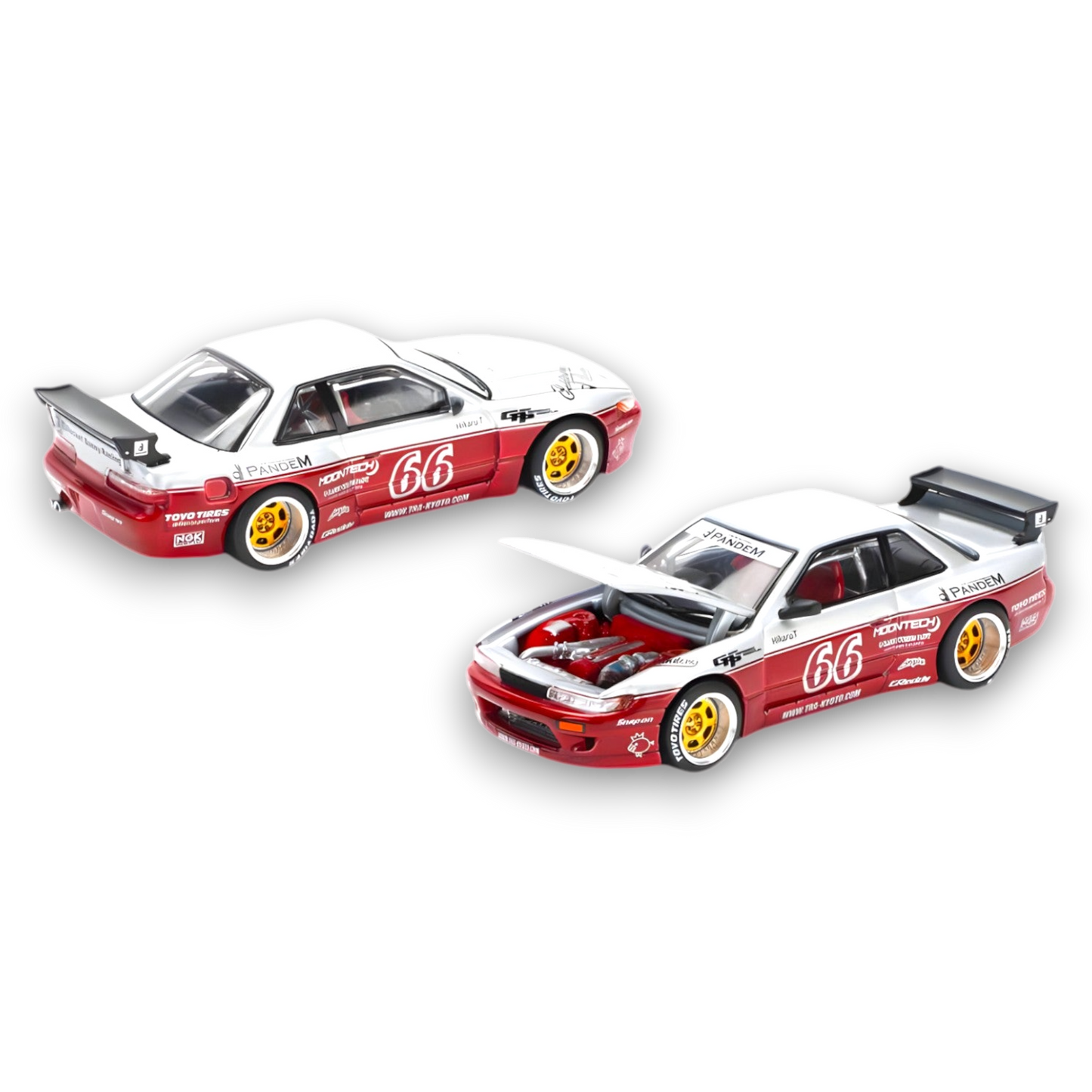 Nissan PopRace PANDEM SILVIA S13 diecast model in Moontech Red, 1:64 scale, displayed with detailed exterior features.