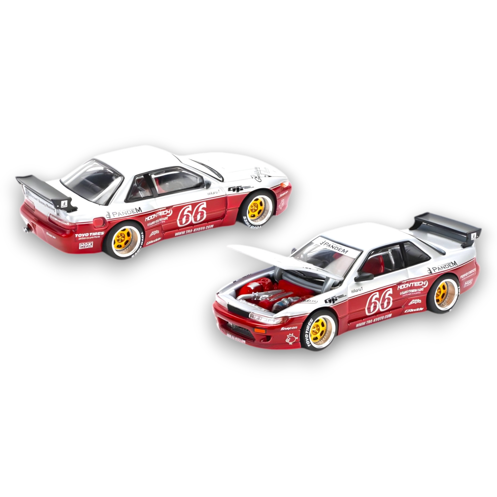 Nissan PopRace PANDEM SILVIA S13 diecast model in Moontech Red, 1:64 scale, displayed with detailed exterior features.