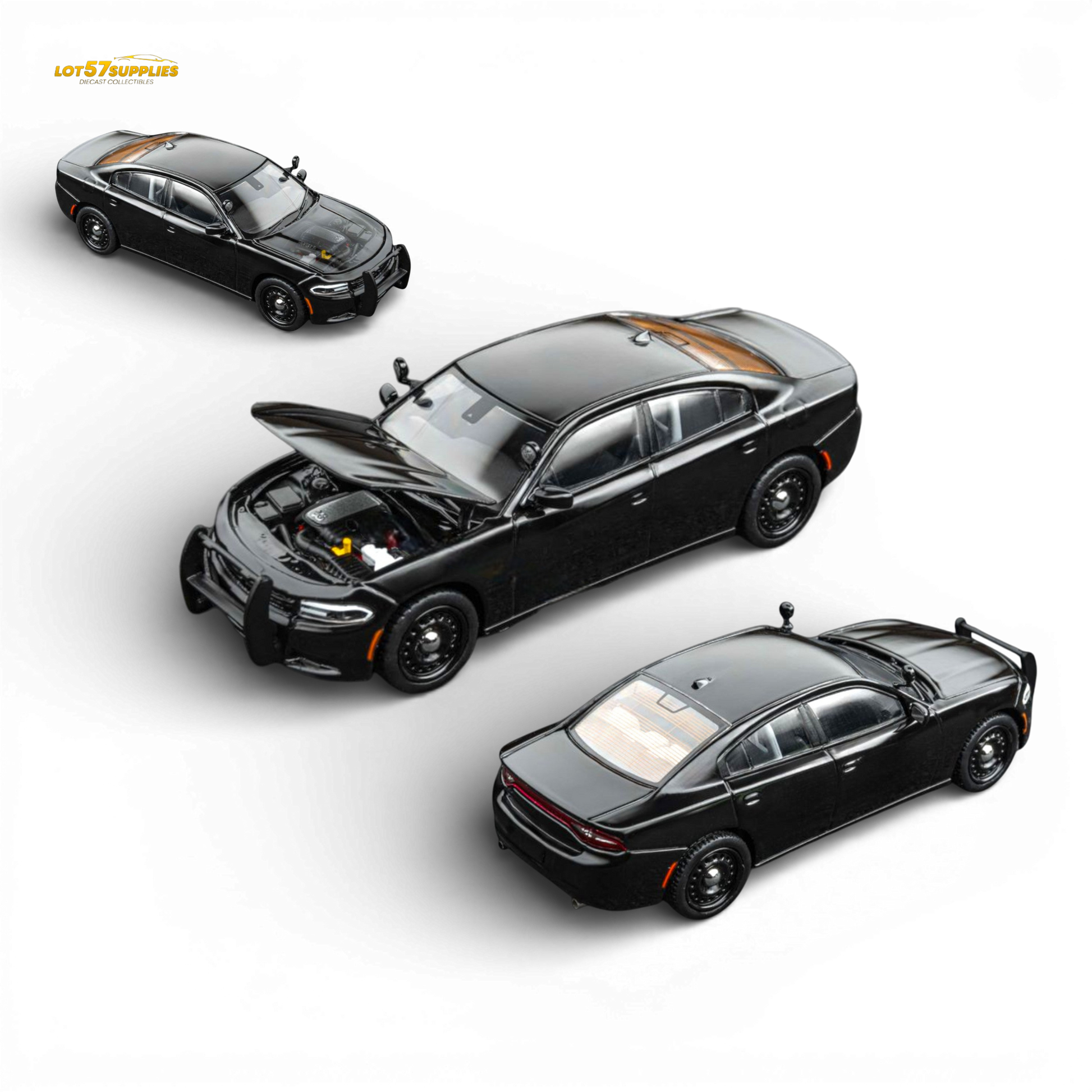 Black Dodge Warhorse Police Interceptor diecast car in 1:64 scale from Elite Collectibles, featuring detailed police vehicle design.