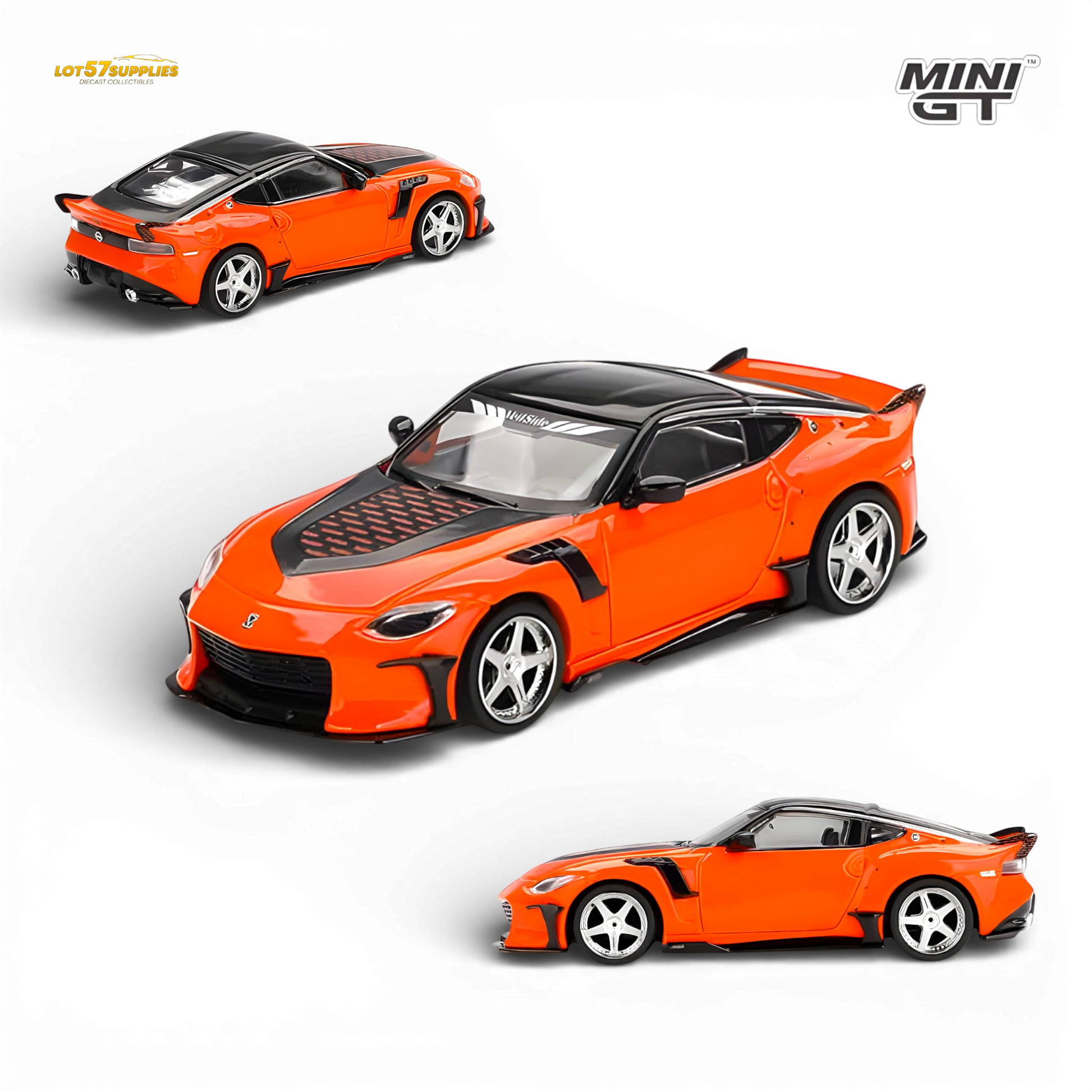 Orange Mini-GT Nissan Z VeilSide FFZ400 diecast model car in 1:64 scale, detailed miniature collectible by Lot57Supplies Diecast Shop.