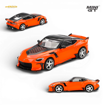 Orange Mini-GT Nissan Z VeilSide FFZ400 diecast model car in 1:64 scale, detailed miniature collectible by Lot57Supplies Diecast Shop.