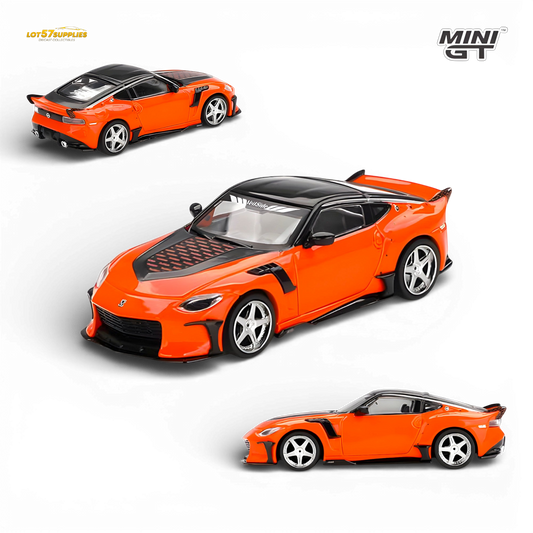 Orange Mini-GT Nissan Z VeilSide FFZ400 diecast model car in 1:64 scale, detailed miniature collectible by Lot57Supplies Diecast Shop.