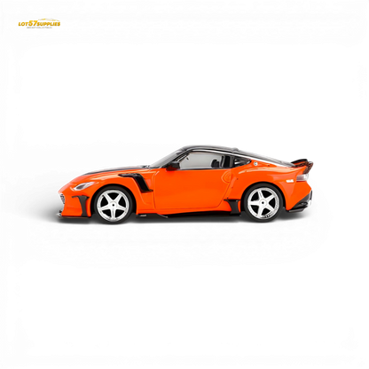 Orange Mini-GT Nissan Z VeilSide FFZ400 diecast model in 1:64 scale, detailed Nissan sports car collectible.