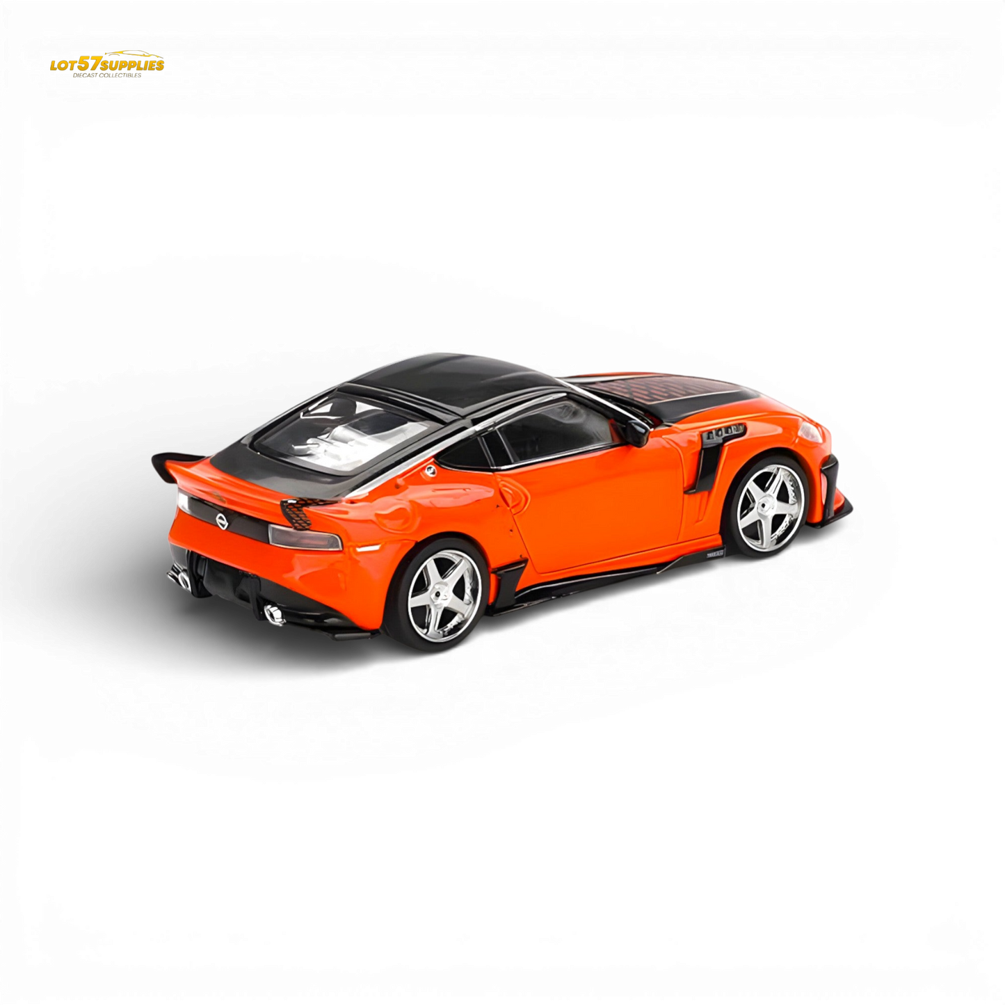 Orange Mini-GT Nissan Z VeilSide FFZ400 diecast model in 1:64 scale, detailed miniature car with vibrant orange finish.
