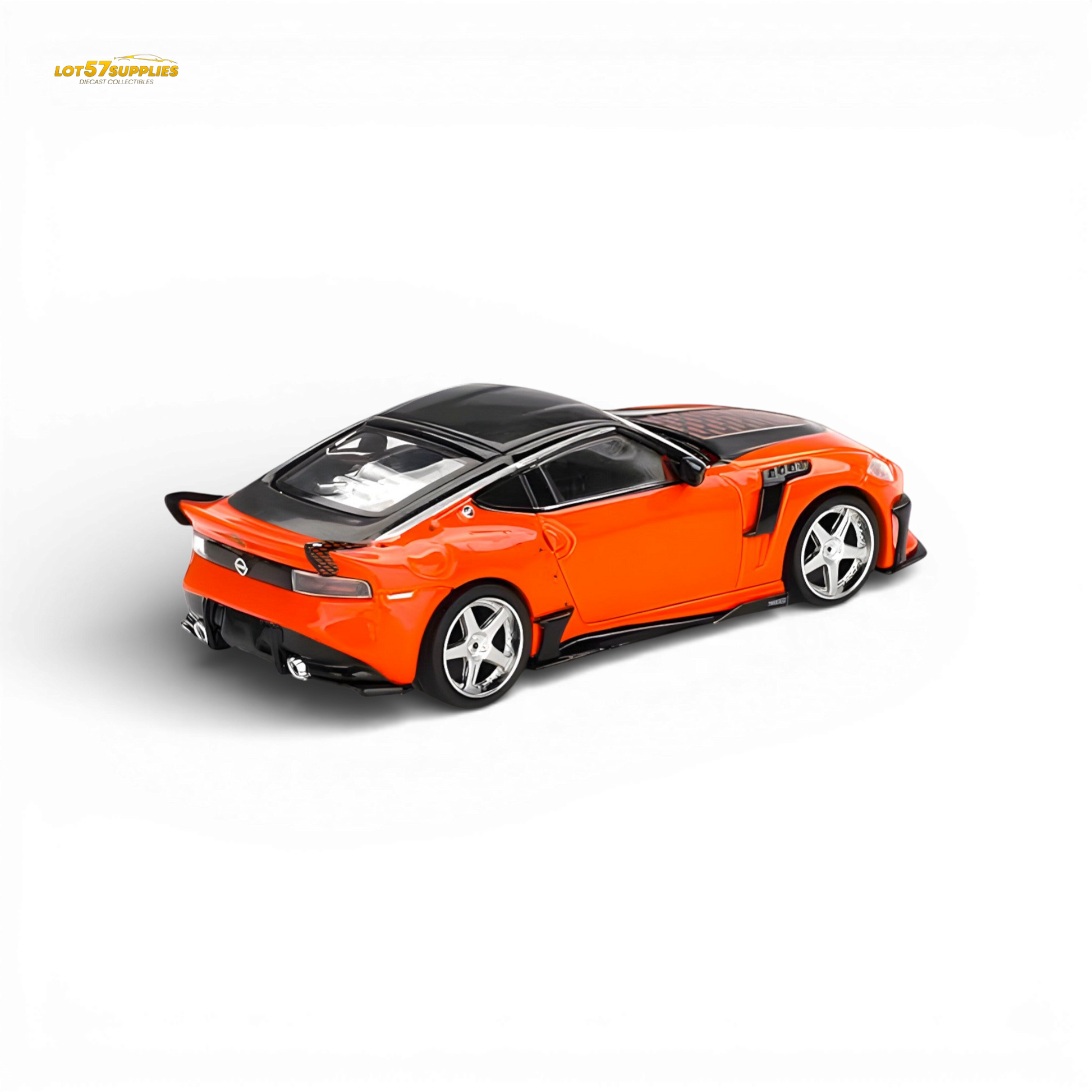 Orange Mini-GT Nissan Z VeilSide FFZ400 diecast model in 1:64 scale, detailed miniature car with vibrant orange finish.